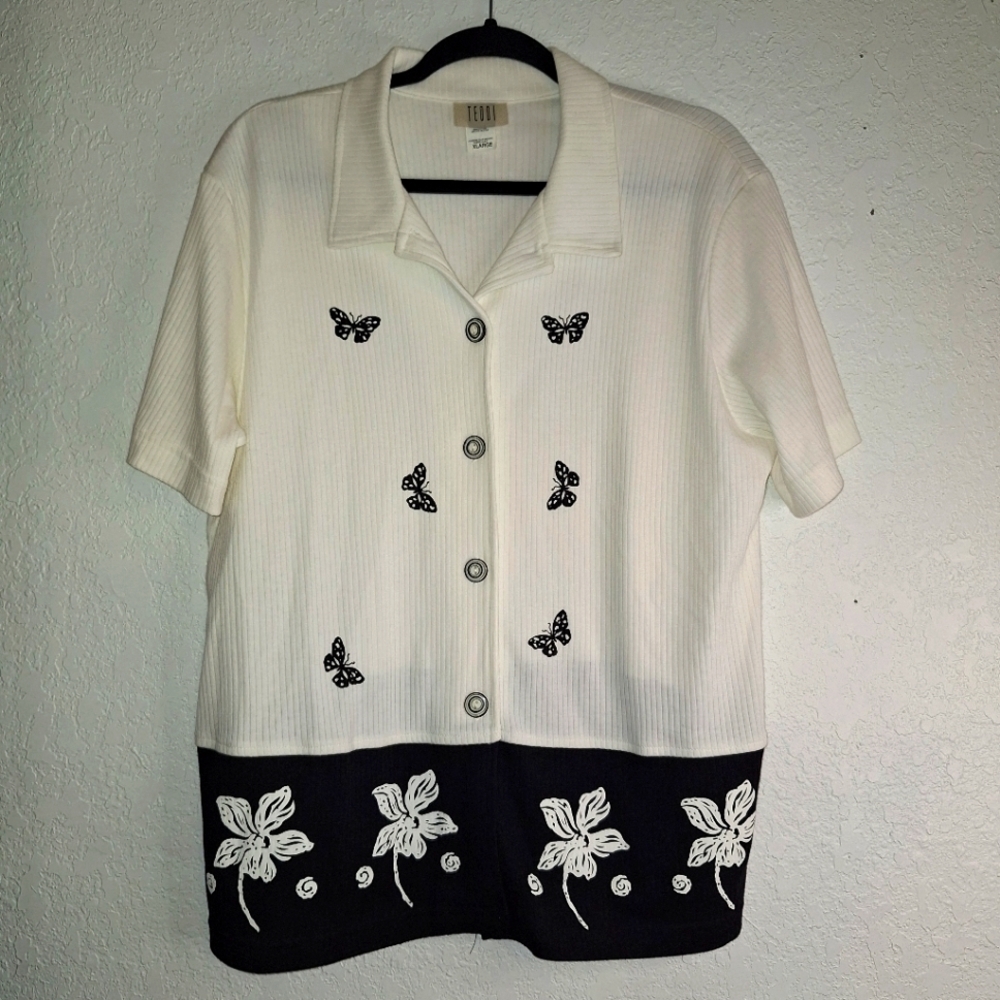Teddi XL Button Down Blouse Short Sleeve White Butterfly Flower Print Vintage